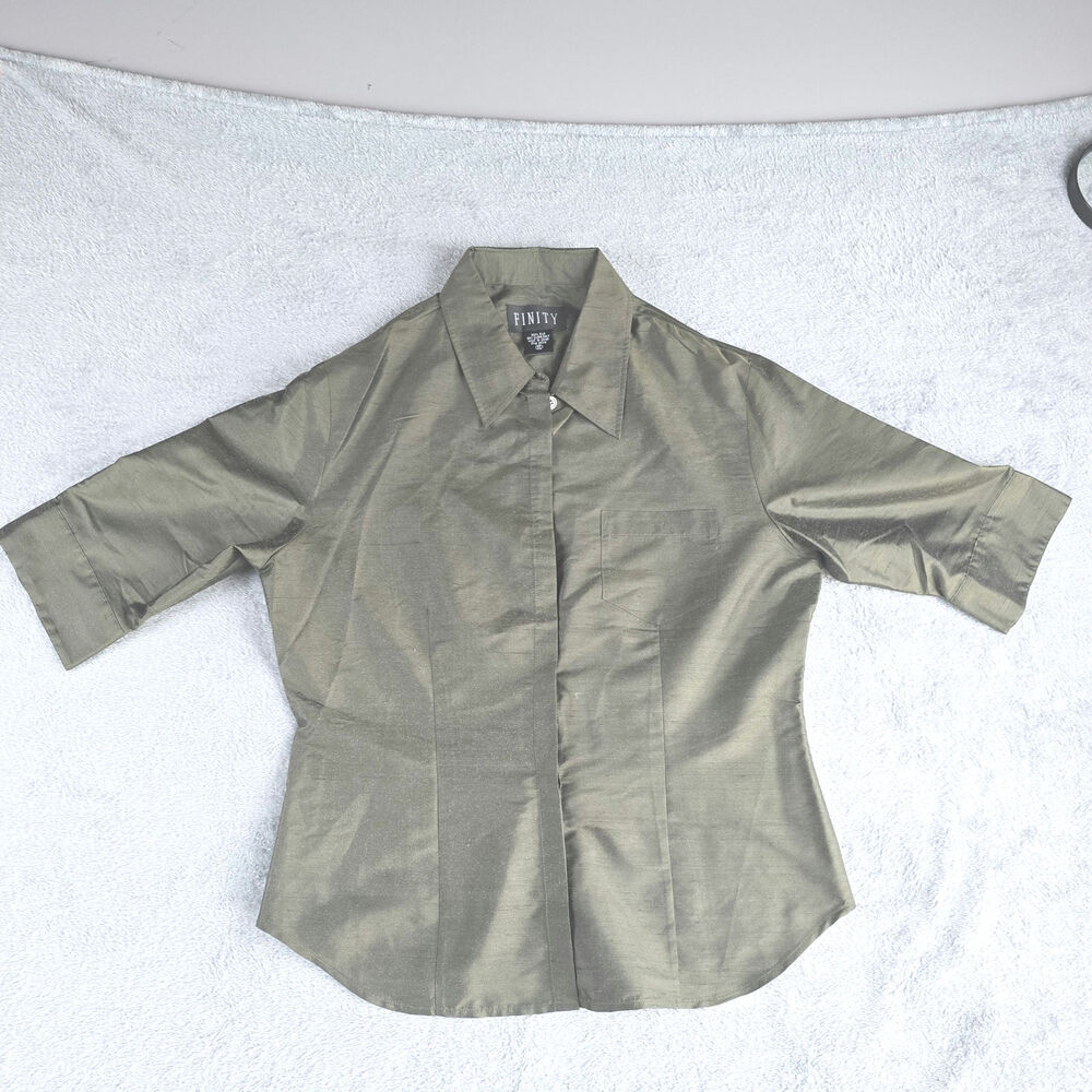 Finity Womens Silk Blouse Top‎ 3/4 Sleeve  Size 10 Button Down Green
